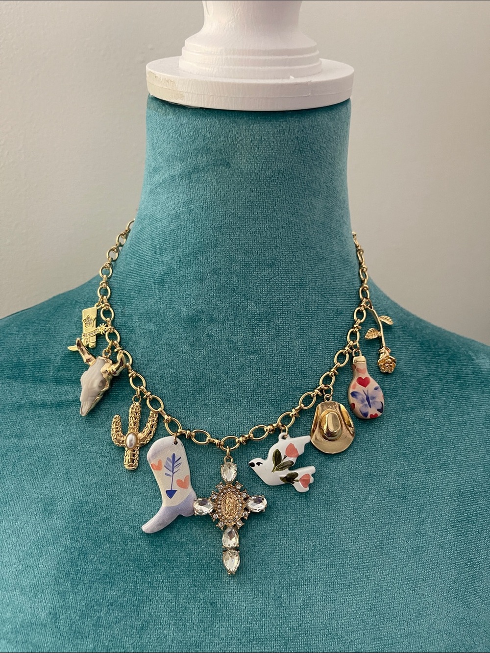 Gold-Tone Charm Necklace with Cowboy Charms